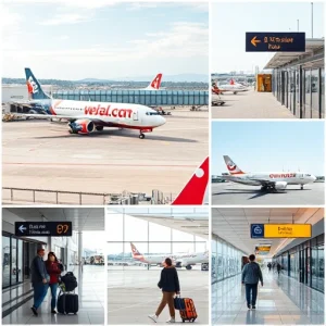 A collage of small, low-cost international airports with simple terminals, budget airline planes on the tarmac, and travelers with luggage walking between gates, showing signs in multiple languages indicating low fares and transfer options, soft daylight, clean modern design, no text or numbers visible