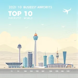A detailed illustration showing the top 10 busiest airports in the world, represented by their iconic terminal buildings or control towers arranged in a ranked vertical list from #1 to #10, each labeled with the airport name and city, subtle flight paths in the background connecting them, modern aviation aesthetic, soft daylight lighting, no text or numbers visible on the image