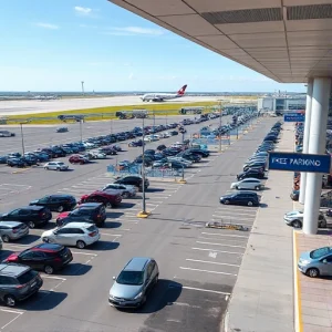 A modern airport parking area with clear signage indicating free parking, spacious parking lots filled with various cars, well-lit pathways, and a distant view of airport terminals and runways under a clear sky