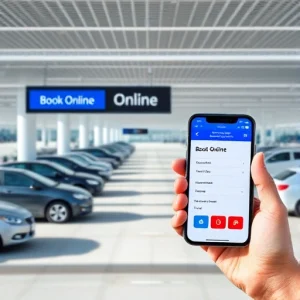 A modern airport parking lot with clear signage for online booking, showing cars parked in organized rows, a digital display showing 'Book Online' message, and a smartphone in hand displaying a parking reservation app, all in bright daylight with a clean, professional aesthetic