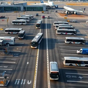 A modern airport parking area with multiple shuttle buses parked and moving between terminals, clear signage for parking zones, vehicles driving on paved lanes, well-lit environment during daytime, realistic details of asphalt, bus exteriors, and airport infrastructure, no people visible, no text or letters on signs or vehicles