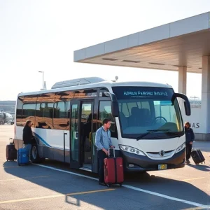 A modern shuttle bus with clear signage 'Airport Parking Shuttle' parked near a secure airport parking lot, with travelers boarding and luggage being loaded, under a bright daytime sky, clean and professional atmosphere