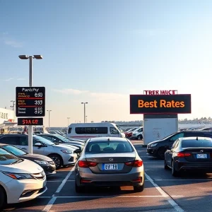 A modern airport parking lot with clear signage showing competitive pricing, multiple cars parked neatly, a shuttle bus in the background, and a digital display board highlighting 'Best Rates' in bold, friendly typography, under a bright daytime sky with subtle shadows and realistic lighting