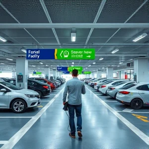 A modern airport parking facility with clear signage, smooth traffic flow, electric vehicle charging stations, and a person easily scanning a QR code to enter, conveying a seamless and stress-free parking experience