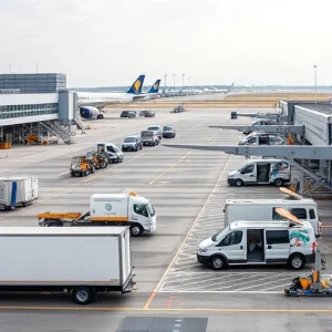 A modern airport parking area with vehicles undergoing maintenance services, including service trucks, mechanics working on cars, and clear signage for parking and maintenance zones, all in a clean, organized, and professional setting