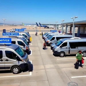 A modern airport parking area with multiple shuttle vans parked in designated spots, clear signage for 'Shuttle Service', travelers loading luggage, well-lit pavement, distant terminal buildings visible under a clear sky, realistic daytime lighting, no text or letters visible on signs or vehicles