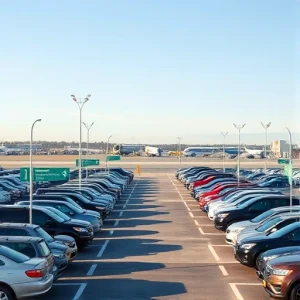 A spacious airport long-term parking lot with rows of parked cars under a clear sky, featuring directional signs, payment kiosks, and shuttle buses in the distance, realistic daytime lighting, no people visible