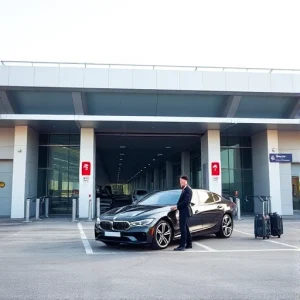 A modern airport parking area with valet service, showing a luxury car being handed to a uniformed valet attendant in front of a sleek parking garage, travelers with luggage nearby, clear sky, daytime, realistic lighting, no text or signage visible