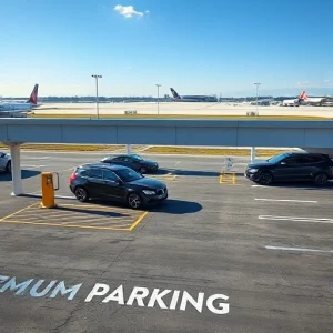 A modern airport parking area with premium parking signs, well-lit spaces, luxury vehicles parked in designated spots, clear signage reading 'Premium Parking', smooth asphalt, security cameras, and a distant view of airport terminals and runways under a clear sky