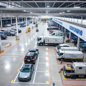 A modern airport parking area with vehicle maintenance services, showing cars parked in designated spots, service trucks nearby, mechanics performing inspections, and clear signage for parking and maintenance zones, all in a clean, organized, and professional setting