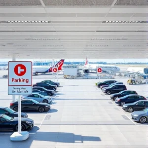 A modern airport parking area with clear signage indicating free parking, spacious parking lots, cars parked neatly, airport terminals visible in the background, bright daylight, clean and organized layout, no text or letters visible on signs or surfaces