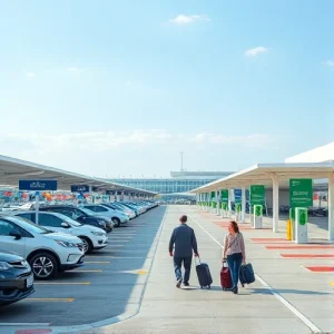 A modern airport parking area with clear signage, electric vehicle charging stations, covered walkways to terminals, and frequent flyers with luggage walking toward the entrance, all in a clean, efficient, and user-friendly design