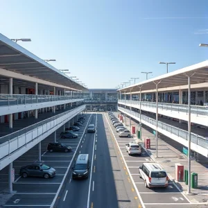A modern 24/7 airport parking facility with multiple levels, clear signage, well-lit lanes, security cameras, electric vehicle charging stations, and shuttle buses transporting passengers to terminals under a clear sky