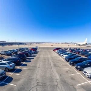 A wide-angle view of outdoor parking spaces at an airport, showing rows of parked cars under a clear blue sky, with distant airport terminals and aircraft visible on the horizon, paved asphalt surface with white parking lines, minimal signage, no people, no text or letters on signs or vehicles, realistic daylight lighting, high detail, smallHQ style