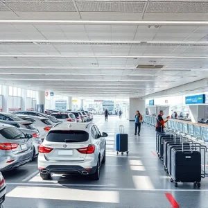 A modern airport parking area with cars parked in designated spaces, a baggage check counter with staff assisting travelers, luggage carts nearby, clear signage for parking and baggage services, bright daylight, clean and organized environment