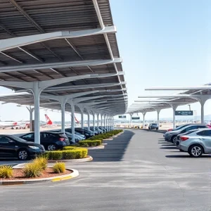 A modern covered parking structure near an airport terminal, with sleek metal canopies providing shade over rows of parked cars, clear signage indicating airport access, distant view of airplanes on the tarmac, bright daylight, clean asphalt, minimal landscaping with low shrubs, no people visible, no text or letters on signs or surfaces