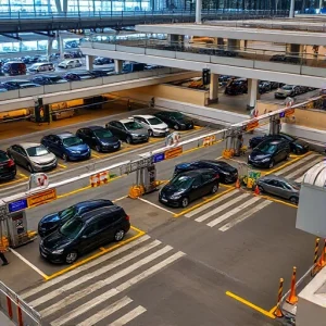 A modern airport parking area with multiple levels, cars parked in designated spots, security checkpoints with barriers and personnel, surveillance cameras, clear signage, well-lit environment, realistic urban setting, daytime