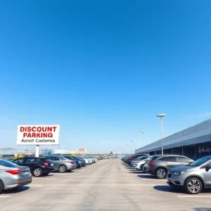 A modern airport parking lot with cars parked, a sign showing 'Discount Parking for Airport Customers', clear sky, daytime, realistic style