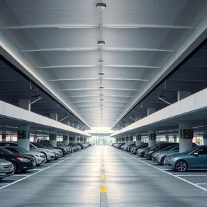 A modern airport parking area with covered walkways connecting the parking structure to the terminal, sleek design, clear signage, vehicles parked in organized rows, soft daylight, minimalistic architecture, no people visible