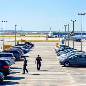 A modern airport parking area with security personnel in uniform patrolling near parked vehicles, clear signage, well-lit lanes, surveillance cameras on poles, and a distant terminal building visible under a clear sky