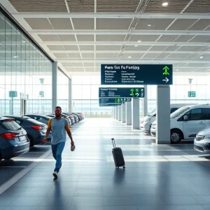 A calm traveler walking smoothly from a modern airport terminal to a well-organized, spacious parking area with clear signage, electric shuttle buses waiting nearby, and digital displays showing real-time parking availability — all under soft daylight with a clean, minimalist design and no visible stress or congestion