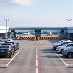 A modern airport parking area with clear lanes, parked cars, and prominent security gates with barriers and surveillance cameras, daytime, realistic lighting, no people visible