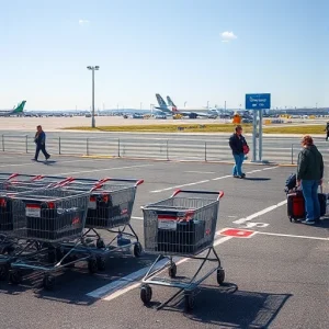A modern airport parking area with multiple luggage carts parked near designated zones, travelers loading and unloading suitcases, clear signage for parking and cart return, paved asphalt surface, distant airport terminals and aircraft visible in the background under a clear sky, realistic lighting, no people faces visible, no text or letters on signs or carts