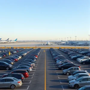 A quiet long-term parking area at an airport during daytime, with rows of parked cars under a clear sky, distant airport terminals visible in the background, well-marked lanes and signage, no people or vehicles in motion, realistic lighting and shadows, high detail, smallHQ style