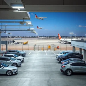 A secure parking facility near an airport, featuring well-lit parking spaces, surveillance cameras, fenced perimeter with access control gates, security personnel patrolling, and vehicles parked safely under bright overhead lighting, with distant airport terminals and aircraft visible in the background under a clear daytime sky