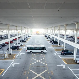 A modern airport parking facility with clear signage, well-lit lanes, electric vehicle charging stations, and a shuttle bus dropping off passengers near terminal entrances, viewed from a slightly elevated daytime perspective with clean lines and minimal clutter