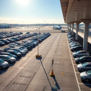 A modern airport parking area with organized rows of cars, clear signage, well-lit pathways, and a distant view of airport terminals and runways under a bright sky, emphasizing convenience and efficiency