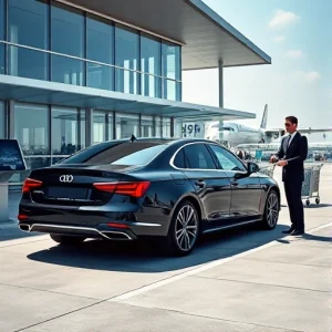 A modern airport valet drop-off zone with a sleek black luxury car being handed over to a uniformed valet attendant in front of a glass-terminal building, clear sky, minimal luggage carts, no text or signage visible, photorealistic, smallHQ style