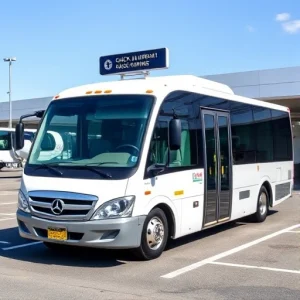 A modern shuttle bus parked near an airport terminal with clear signage for quick airport parking, showing efficient service and convenience, with a clean, professional design and bright daylight setting