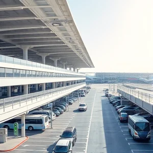 A modern, well-lit airport parking facility with clean multi-level structures, clear signage, electric vehicle charging stations, security cameras, and shuttle buses transporting passengers to terminals, under a bright daytime sky with minimal traffic congestion