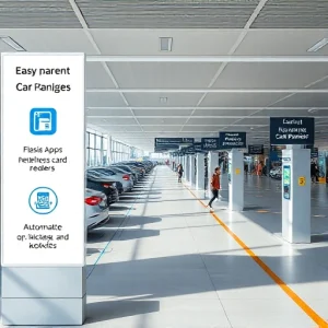 A modern airport parking lot with clear signage showing easy payment options like contactless card readers, mobile app QR codes, and automated kiosks, with cars parked neatly and travelers walking to terminals, bright daylight, clean and user-friendly design
