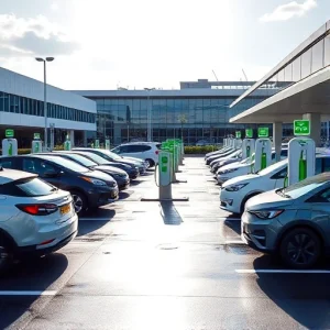 A modern airport parking area with electric vehicles charging at sleek charging stations, surrounded by clean architecture, green landscaping, and clear signage for EV charging, under a bright sky with subtle reflections on wet pavement