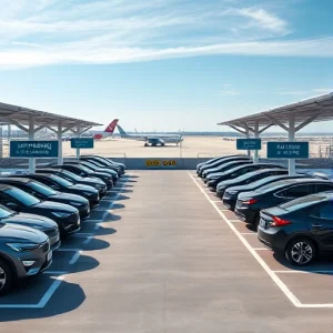 A modern airport parking area with sleek electric vehicles parked in organized rows, clear signage indicating 'Smart Parking', digital displays showing real-time availability, solar panel canopies above the parking spaces, and a distant view of airport terminals and runways under a bright blue sky