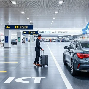 A modern airport parking area with valet assistance, showing a valet attendant in uniform helping a traveler with luggage near a luxury car, clear signage for valet parking, well-lit lanes, airport terminal visible in the background, daytime, realistic details