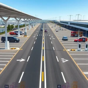 A modern airport parking area with express service lanes, featuring clearly marked drop-off zones, automated ticketing kiosks, electric vehicle charging stations, and directional signage for quick access to terminals, under bright daylight with clean architectural lines and minimal traffic congestion