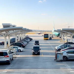 A modern airport parking area with covered loading zones, featuring sleek canopies over vehicle loading bays, electric shuttle buses parked beneath them, luggage carts moving between terminals and vehicles, clear signage for passenger drop-off and pickup, well-lit concrete surfaces, distant airport terminals with glass facades under a clear sky, no people visible, no text or signage with readable words, no advertisements, no vehicles in motion blur, no clutter or debris