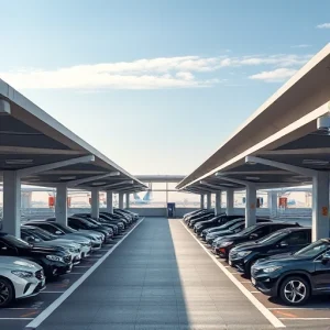 A modern airport parking facility with covered parking structures, sleek design, premium signage, luxury vehicles parked under shaded canopies, well-lit pathways, security cameras, and a distant view of airport terminals and runways under a clear sky