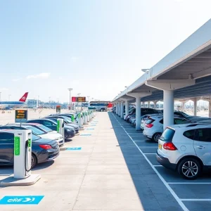 A modern, well-lit airport parking facility with clear signage, electric vehicle charging stations, security cameras, and a shuttle bus transporting passengers to the terminal, all under a bright daytime sky with clean lines and professional aesthetics
