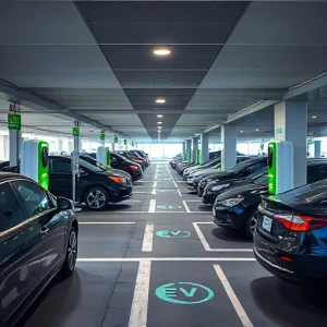 A modern airport parking area with electric vehicles charging at dedicated charging stations, clear signage for EV charging, sleek design, daytime lighting, no people visible, focus on infrastructure and vehicles