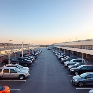 A modern, well-lit parking facility near an airport terminal, with clear signage, security cameras, fenced perimeter, and vehicles parked in organized rows, under a clear sky, no people visible, clean and orderly environment
