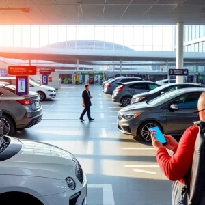 A modern airport parking area with clear signage for mobile check-in, showing cars parked in designated spots, travelers using smartphones to check in via digital kiosks or app interfaces, sleek airport terminal in the background, bright daylight, clean and organized layout, no text or letters visible on any surfaces