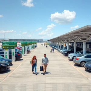 A modern airport parking area with clear signage, electric vehicle charging stations, covered walkways to terminals, and travelers with luggage walking conveniently to their cars, daytime, clean and organized layout
