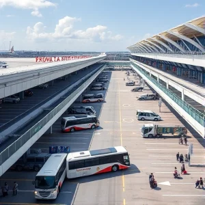 A modern airport parking area with multiple levels, clearly marked parking spaces, shuttle buses arriving and departing, directional signs for terminals, and travelers loading luggage, all under a clear daytime sky with sleek architectural design