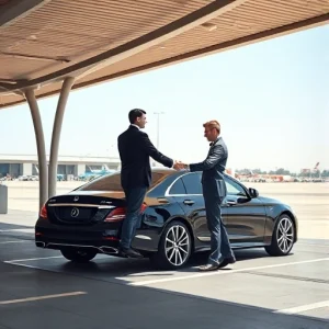 A modern airport valet parking service area with a sleek black luxury sedan being handed over to a professional valet in a crisp uniform, standing under a covered canopy with airport terminal buildings and distant aircraft visible in the background, clear daytime sky, minimalist composition, high detail, realistic lighting
