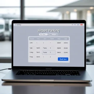 A modern, user-friendly online booking interface for airport parking displayed on a laptop screen, showing a clean calendar selection, car icons, price tags, and a 'Book Now' button, with a subtle airport terminal and parked cars visible through a window in the background, minimalistic design, soft lighting, professional and trustworthy atmosphere
