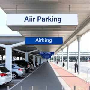 A modern covered parking structure with clear signage indicating 'Airport Parking', vehicles parked underneath a sleek canopy, well-lit pathways, and travelers walking to and from the terminal in the background, daytime, clean and organized layout